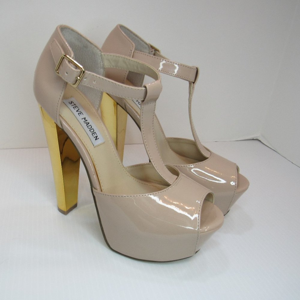 Steve Madden Dyvine Beige T Bar Peep Toe Platform Gold Heel Pumps